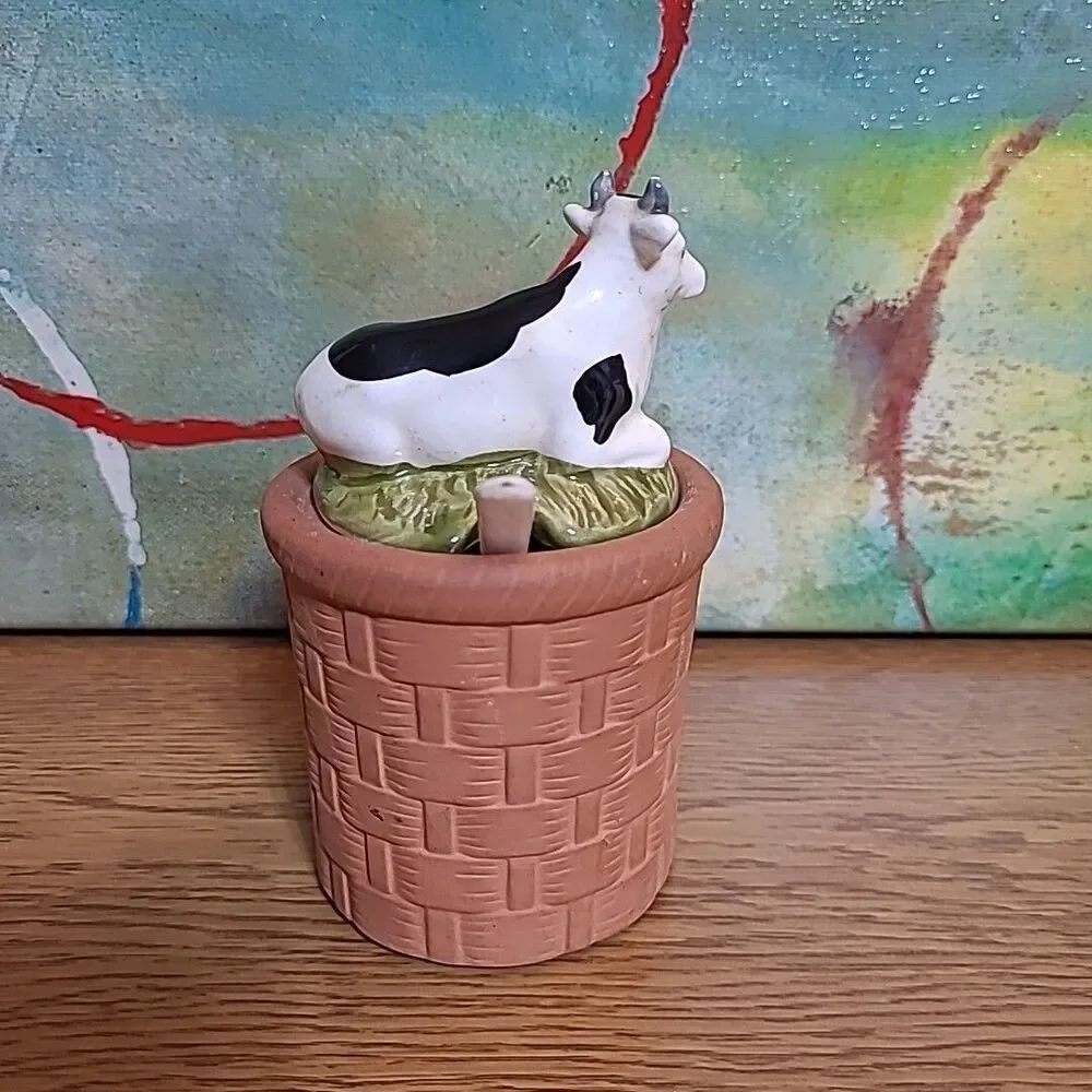 Vtg Takahashi Sugar Jam Jar Trinket Dish Cow Basket Weave with Spoon Japan